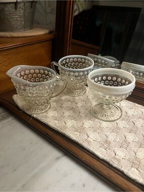 ANCHOR HOCKING Vintage 1940s Hobnail Moonstone Opalescent Cream & Sugar 3 Pieces